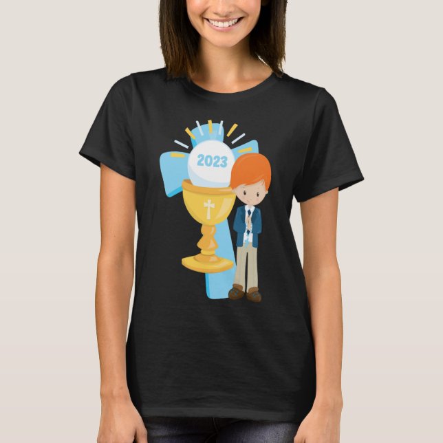 Boy First Communion Keepsaké 2023 Kor Blue Rosar T Shirt (Framsida)