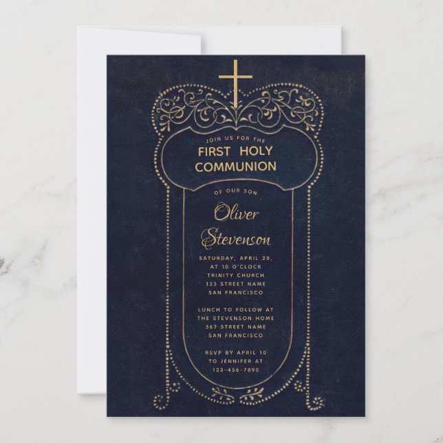Boy First Communion Navy Blue Vintage Calligraphy Inbjudningar (Framsida)