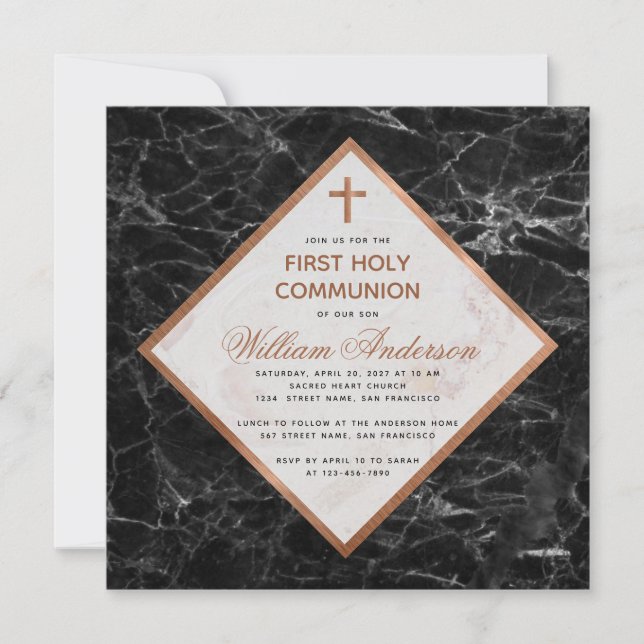 Boy First Communion White Black Marble Copper Inbjudningar (Framsida)