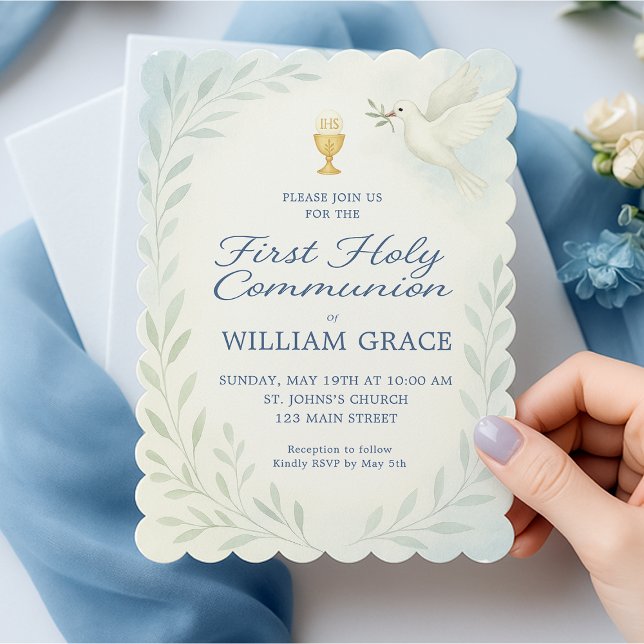 Boy First Heliga Communion Dove & Chalice Inbjudan (first-holy-communion-invitation-boy-holding-card-blue-flatlay.png)