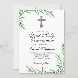 Boy First Heliga Communion Greenery Elegant Inbjudningar