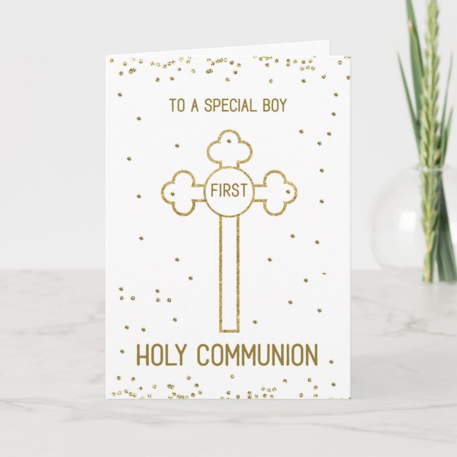 Boy First Heliga Communion Guld Titta Kor Kort (Framsida)