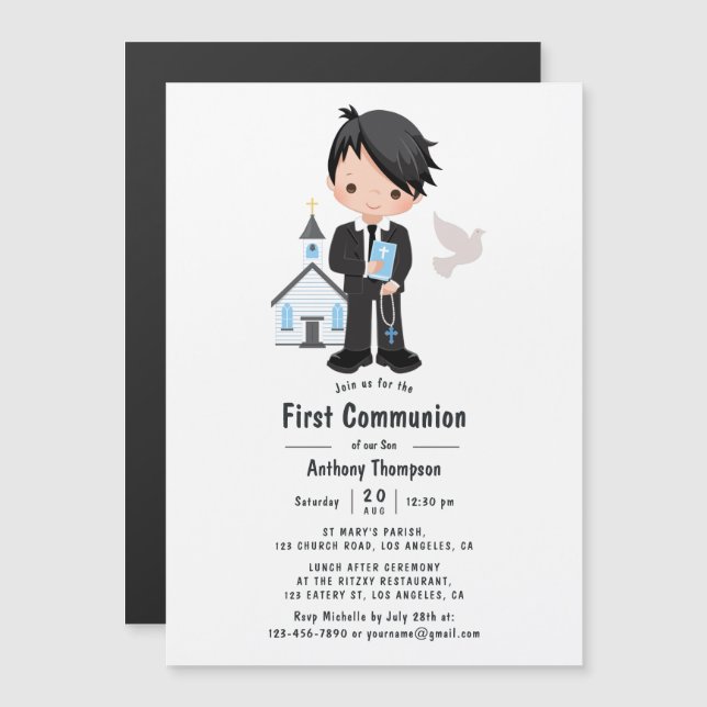 Boy First Heliga Communion Magnetisk Inbjudningskort (Fram/baksida)