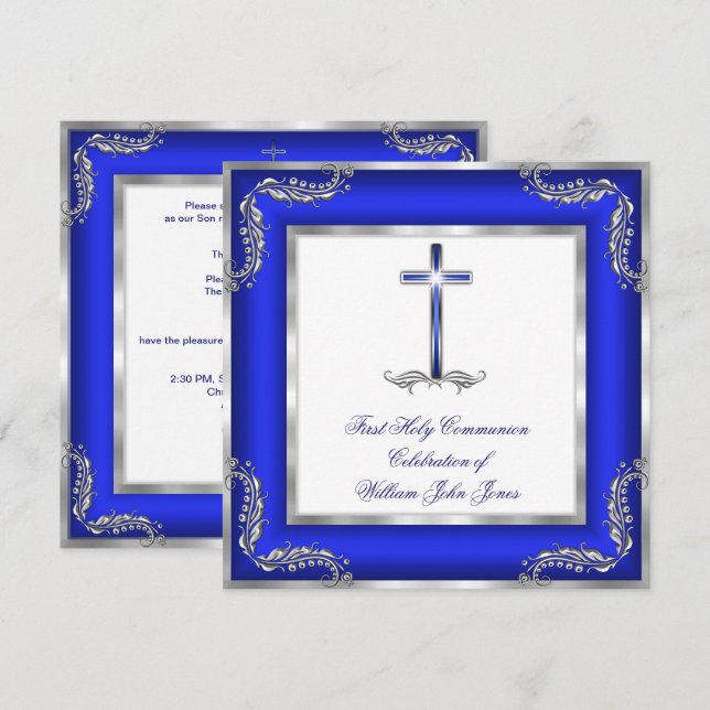 Boy First Heliga Communion Royal Blue Silver White Inbjudningar (Fram/baksida)