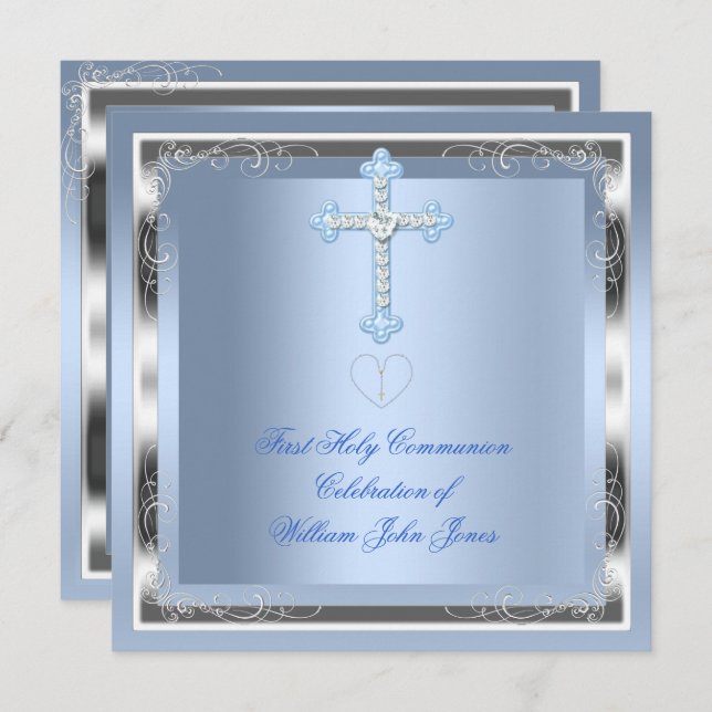Boy First Heliga Communion Silver Blue 2 Inbjudningar (Fram/baksida)