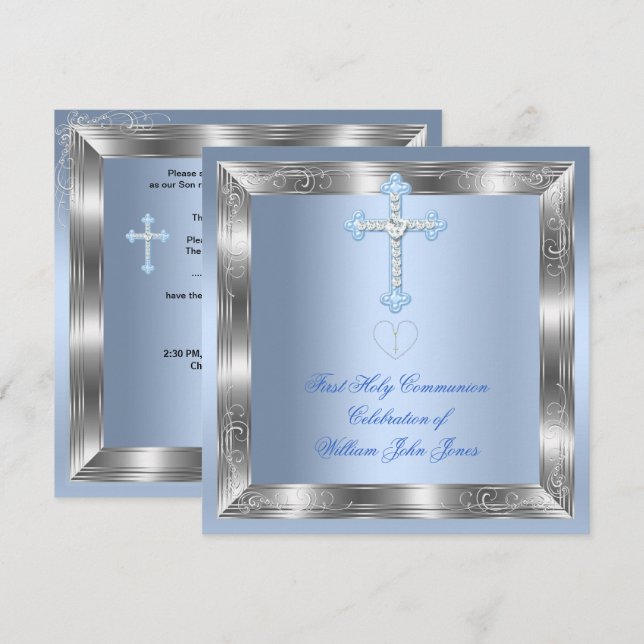 Boy First Heliga Communion Silver Blue 2a Inbjudningar (Fram/baksida)