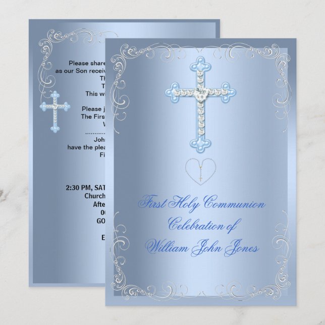 Boy First Heliga Communion Silver Blue Inbjudningar (Fram/baksida)
