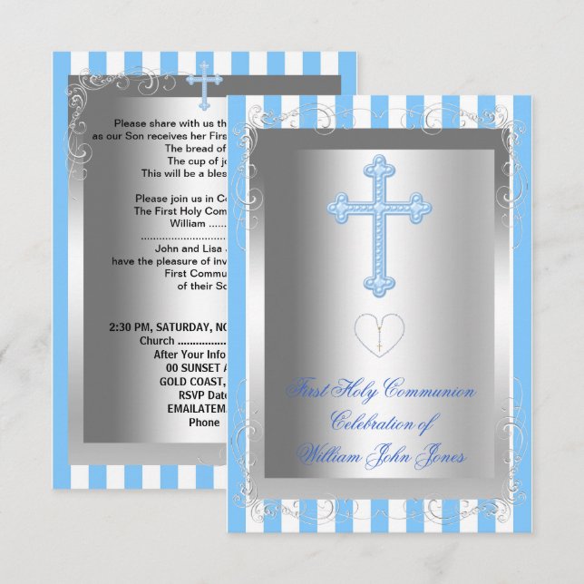 Boy First Heliga Communion Silver Blue Rand Inbjudningar (Fram/baksida)