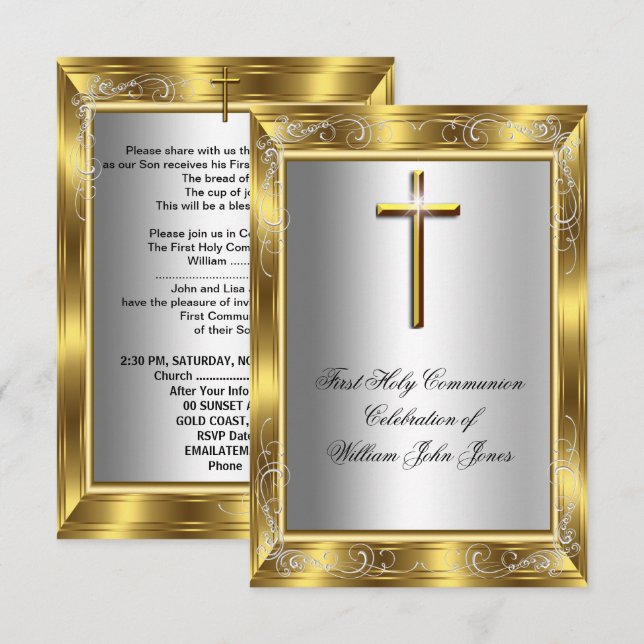 Boy First Heliga Communion Silver Guld Kor 2 Inbjudningar (Fram/baksida)