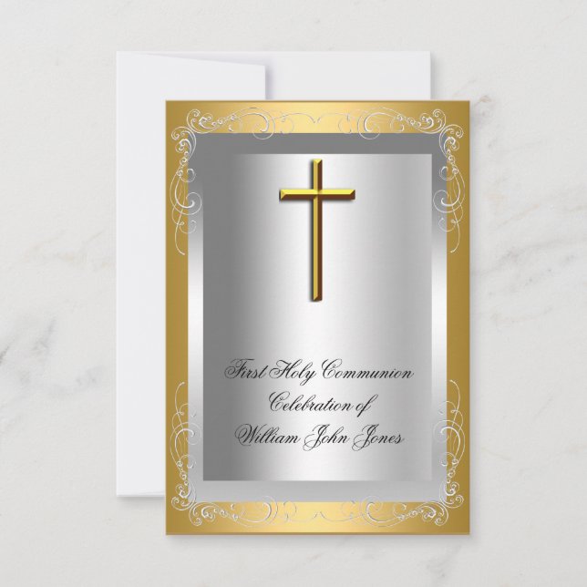 Boy First Heliga Communion Silver Guld Kor Inbjudningar (Framsida)
