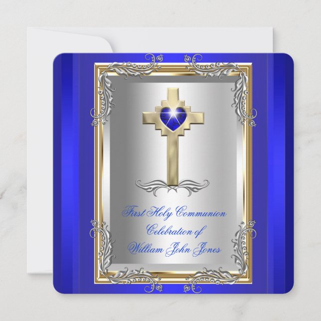 Boy First Heliga Communion Silver Guld Royal Blue  Inbjudningar (Framsida)