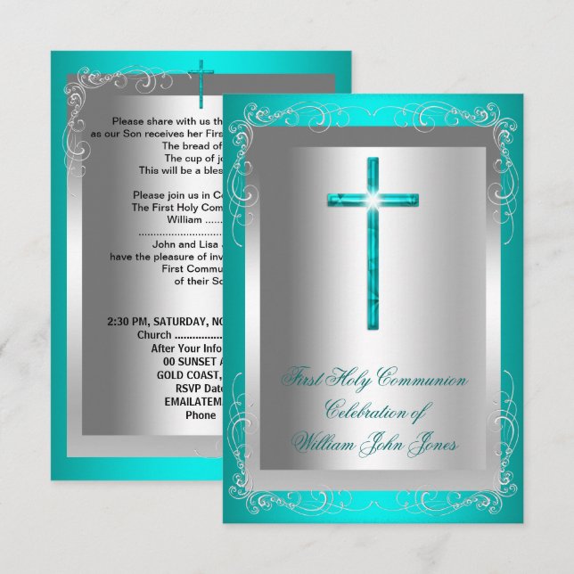 Boy First Heliga Communion Silver Jade Teal Inbjudningar (Fram/baksida)