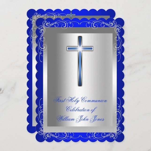 Boy First Heliga Communion Silver Royal Blue 2s Inbjudningar (Fram/baksida)