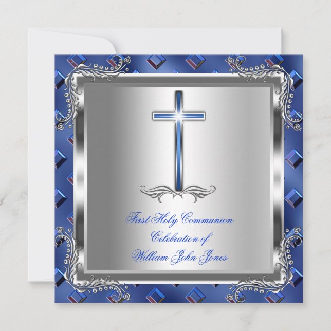 Boy First Heliga Communion Silver Royal Blue 3a Inbjudningar (Framsida)