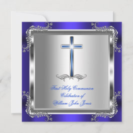 Boy First Heliga Communion Silver Royal Blue 3b Inbjudningar