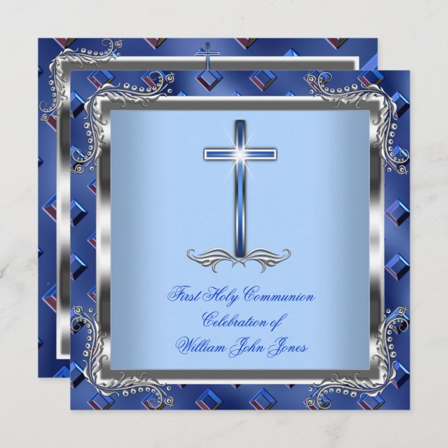 Boy First Heliga Communion Silver Royal Blue 4 Inbjudningar (Fram/baksida)