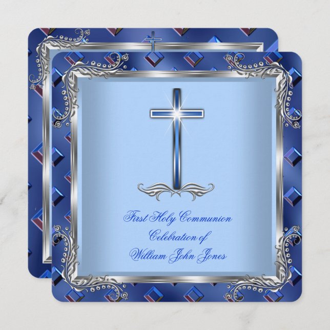 Boy First Heliga Communion Silver Royal Blue 4B Inbjudningar (Fram/baksida)