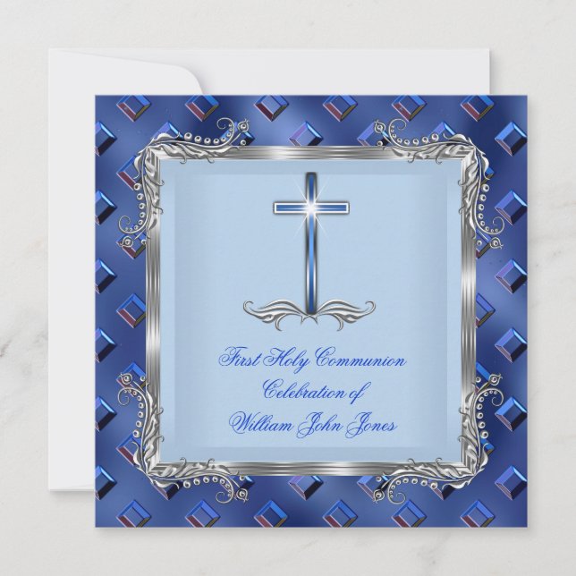 Boy First Heliga Communion Silver Royal Blue 4C Inbjudningar (Framsida)
