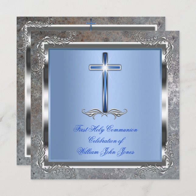 Boy First Heliga Communion Silver Royal Blue 4M Inbjudningar (Fram/baksida)