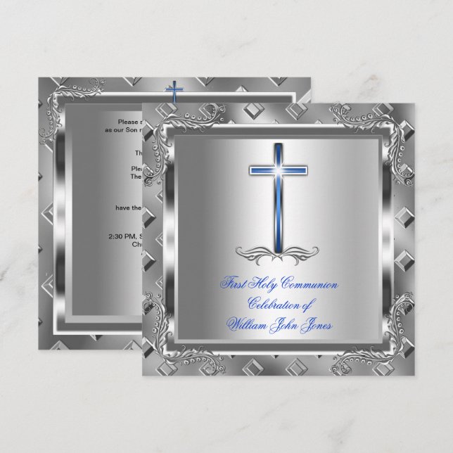 Boy First Heliga Communion Silver Royal Blue 6 Inbjudningar (Fram/baksida)