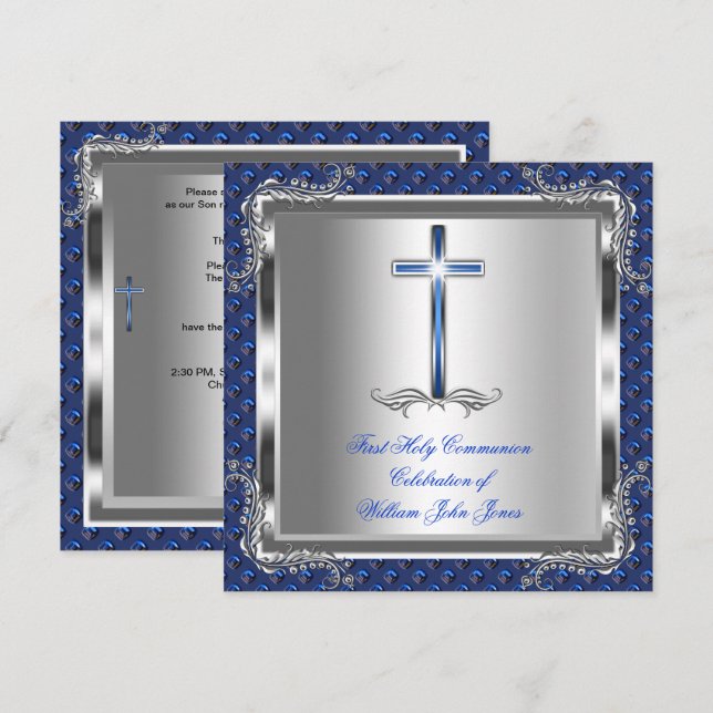 Boy First Heliga Communion Silver Royal Blue 7 Inbjudningar (Fram/baksida)