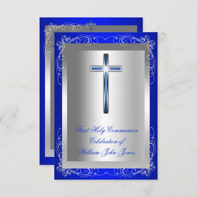 Boy First Heliga Communion Silver Royal Blue Inbjudningar (Fram/baksida)