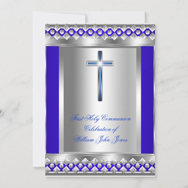 Boy First Heliga Communion Silver Royal Blue Metal Inbjudningar (Framsida)