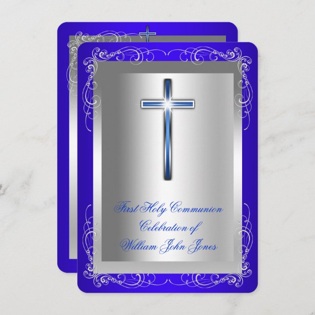 Boy First Heliga Communion Silver Royal Blue Round Inbjudningar (Fram/baksida)
