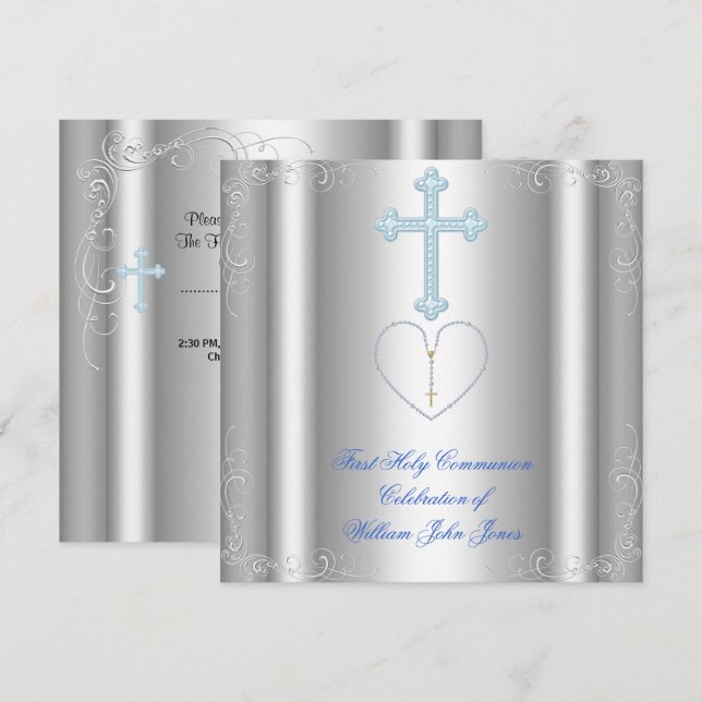 Boy First Heliga Communion Silver White Blue Inbjudningar (Fram/baksida)