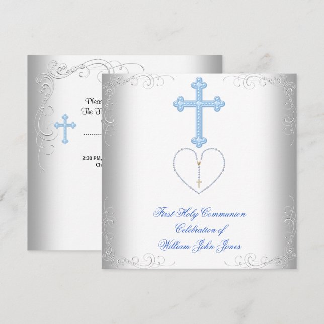 Boy First Heliga Communion White Blue Inbjudningar (Fram/baksida)