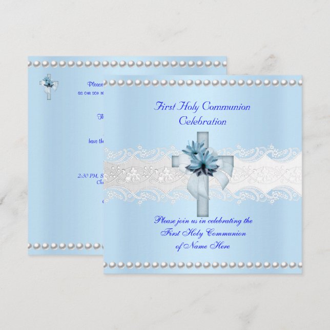 Boy First Heliga Communion White Snöre Blue Pearl Inbjudningar (Fram/baksida)