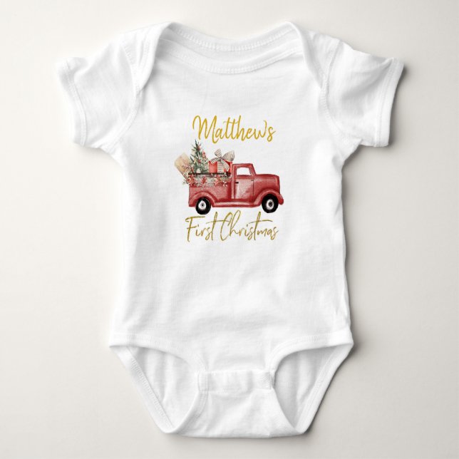 Boy First jul Red Lastbil Baby Bodydrädräkt T Shirt (Framsida)