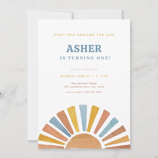 Boy First Resa runt Sol:s födelsedagsinbjudan Inbjudningar (Framsida)