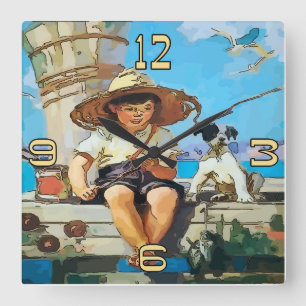 Boy Fishing Clock Fyrkantig Klocka