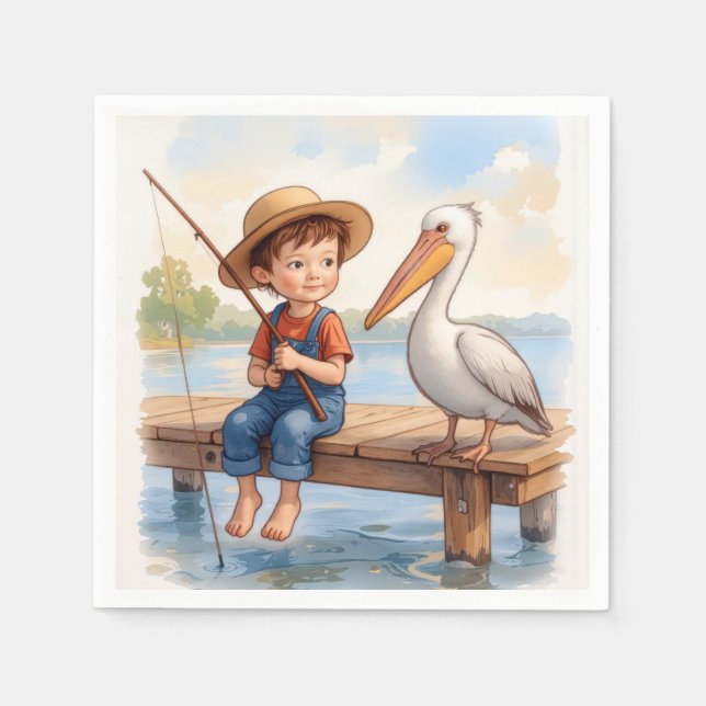 Boy Fishing On a Dock With a Pelican Pappersservett (Framsidan)
