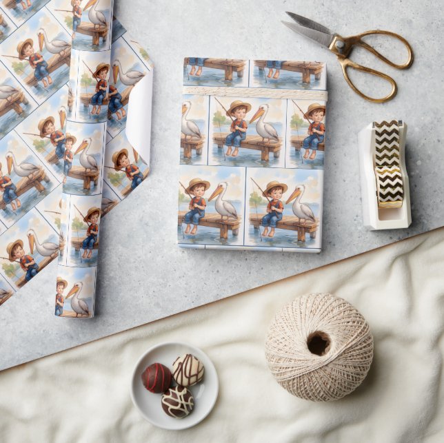 Boy Fishing On a Dock With a Pelican Presentpapper (Hantverk)