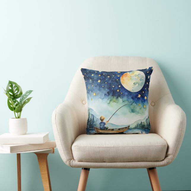 Boy Fishing under Måne Watercolor Kudde (Stol)