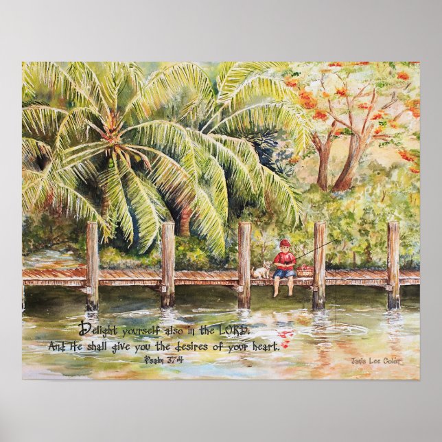 Boy Fishing with Hund Psalm 37:4 Poster (Framsidan)