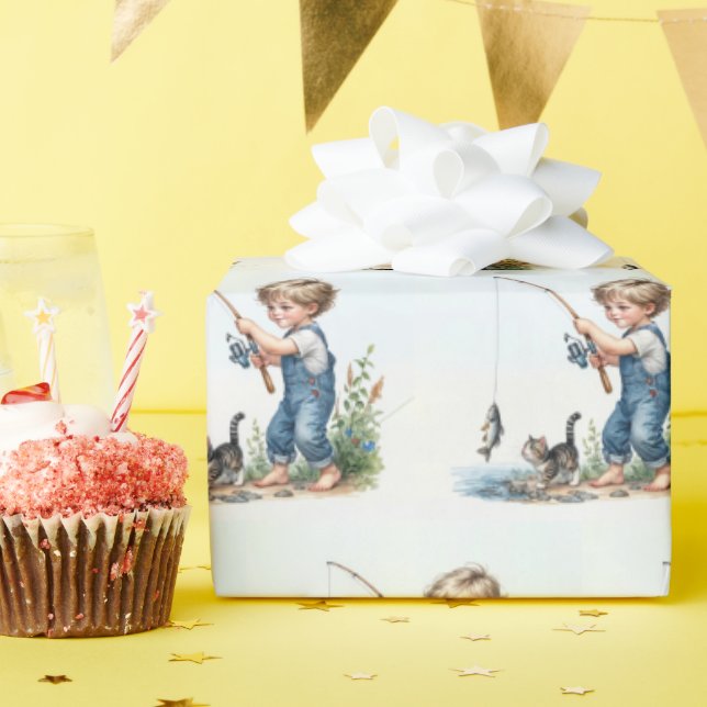 Boy Fishing with Kitten Presentpapper (Födelsedagsfest)