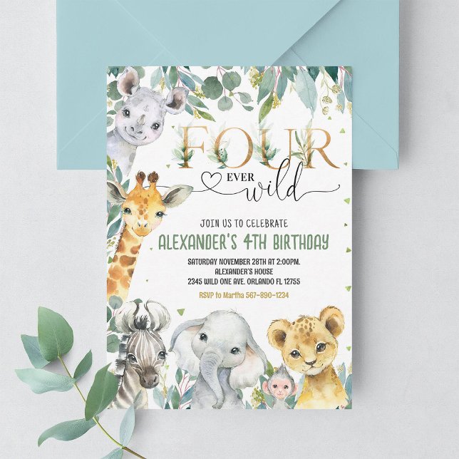 Boy Four vild Guld Jungle Animals Birthday Inbjudningar (Skapare uppladdad)