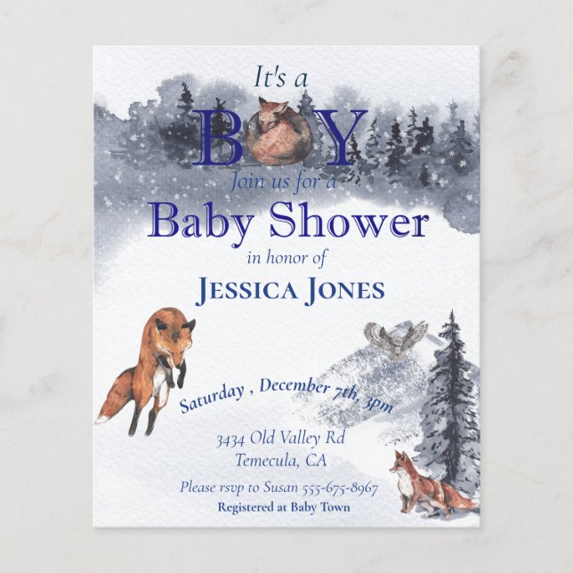 Boy Fox Baby Shower Winter Woodland-inbjudan Flygblad (Framsidan)