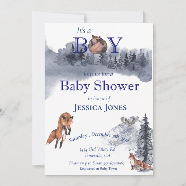 Boy Fox Baby Shower Winter Woodland Inbjudningar (Framsida)