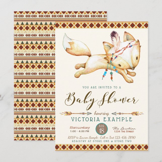 Boy Fox Tribal Aztec Baby Shower-inbjudningar Inbjudningar (Fram/baksida)
