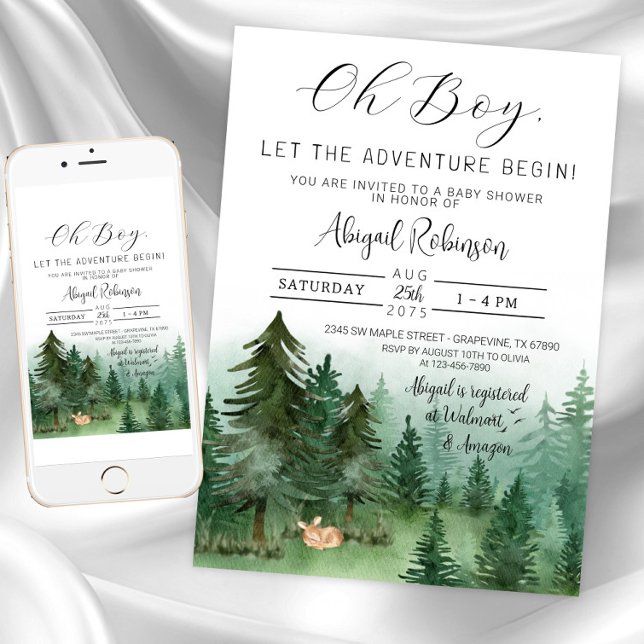 Boy Fox Woodland Oh Boy Baby Shower Inbjudningar (Boy deer baby shower invitation. Instant download and printed invitations available.)
