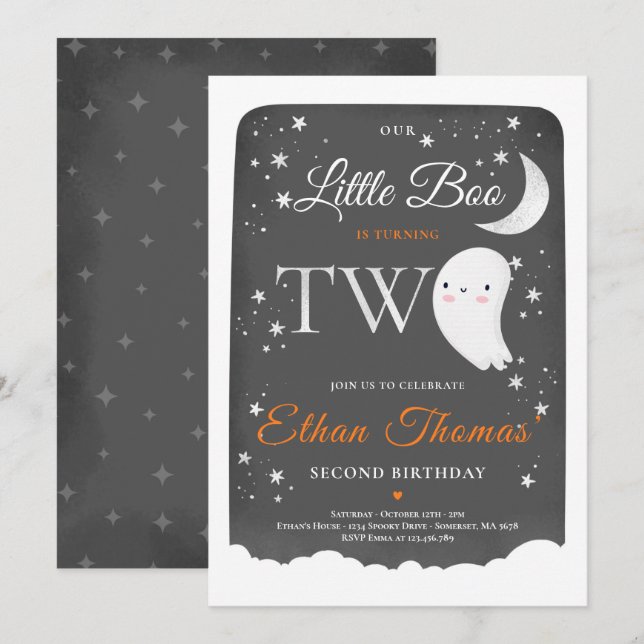 Boy Ghost Little Boo 2:a födelsedagen Party Hallow Inbjudningar (Fram/baksida)