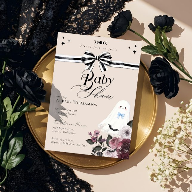 Boy Ghost Little Boo Blommigt Gothic Baby Shower Inbjudningar (Boy Ghost Little Boo Floral Gothic Baby Shower Invitation)