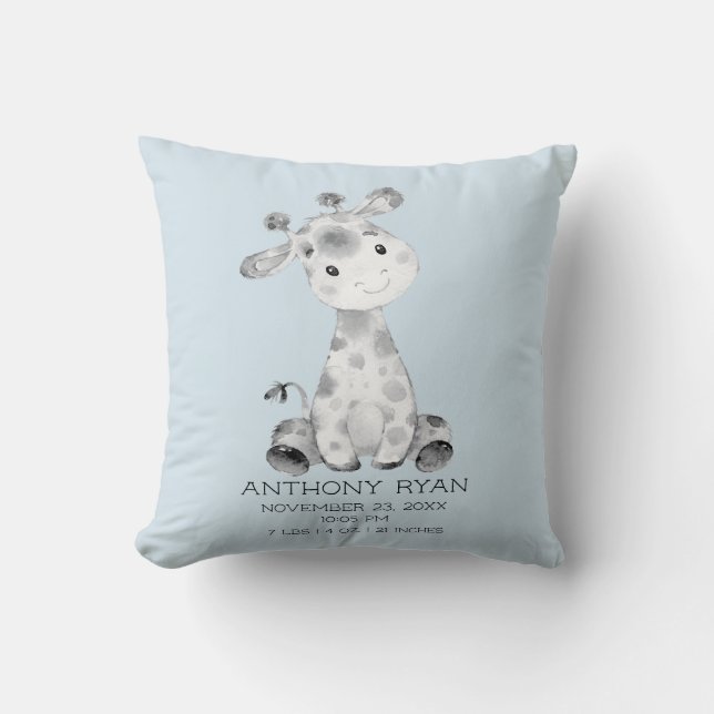 Boy Giraffe Baby Birth Stats Pillow Kudde (Framsida)