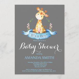 Boy Giraffe Baby Shower-inbjudan Blue och Grått Inbjudningar