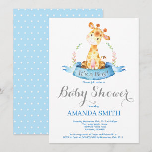 Boy Giraffe Baby Shower-inbjudan Blue och Grått Inbjudningar