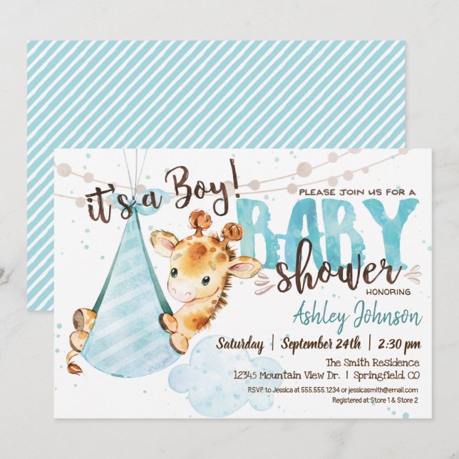 Boy Giraffe Baby Shower-inbjudan Inbjudningar (Fram/baksida)